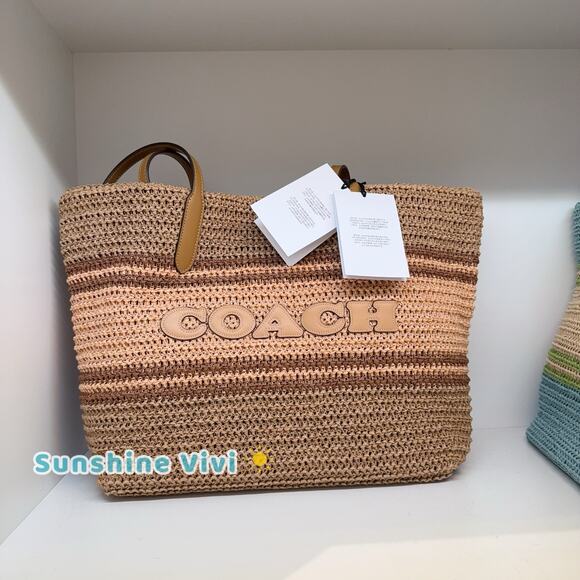 NWT COACH Straw and smooth leather City Tote Bag CBG87 Im/Honey Brown Multi